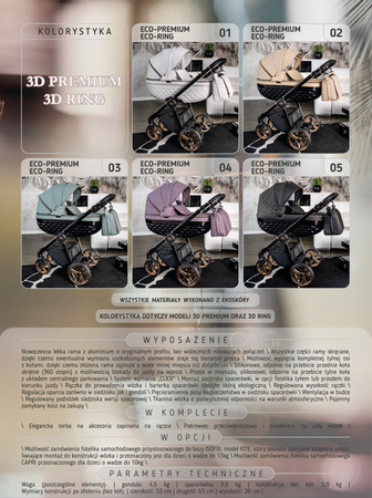 Wózek dziecięcy ADBOR OXV 3D PREMIUM 3w1 + Torba + Pokrowiec + Moskitiera + Fotelik CAPRI (kolor: ECO-01)