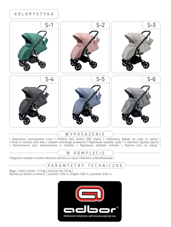 Wózek spacerowy ADBOR SILLE 2022 !!!NOWOŚĆ!!! + Saszetka + Pokrowiec przeciwdeszczowy (kolor: S-5)