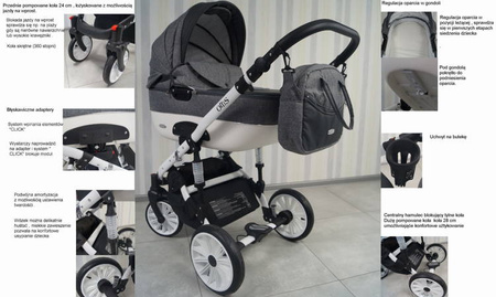 Wózek dziecięcy ADBOR OTTIS WHITE 3w1 + Torba + Pokrowiec + Moskitiera + Uchwyt na butelkę + Fotelik (kolor: Ow-02)
