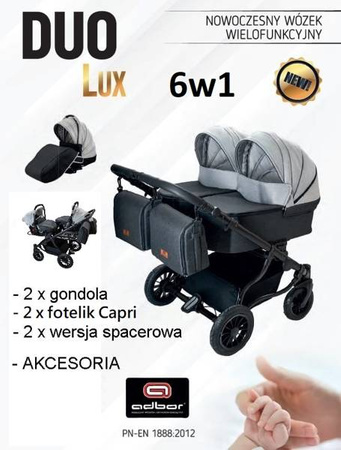 Wózek podwójny BLIŹNIACZY ADBOR DUO LUX 6w1 + Torby + Pokrowiec + Moskitiera + Uchwyt na butelkę + Foteliki kolor: DL-03