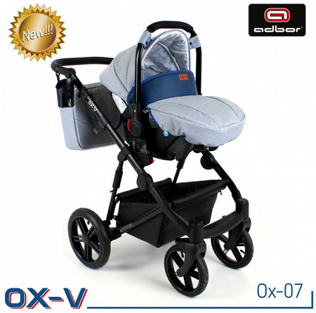 Wózek dziecięcy ADBOR OX-V 3w1 + Torba + Pokrowiec + Moskitiera + Uchwyt na butelkę + Fotelik (kolor: Ox-04)