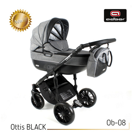 Wózek dziecięcy ADBOR OTTIS BLACK 2022 3w1 + Torba + Pokrowiec + Moskitiera + Uchwyt na butelkę + Fotelik kolor: Ob-08