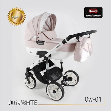 Wózek dziecięcy ADBOR OTTIS WHITE 2w1 + Torba + Pokrowiec + Moskitiera + Uchwyt na butelkę + Fotelik Samochodowy (kolor: Ow-01)